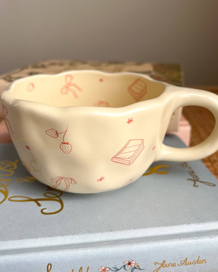 Bows and Books Mug: Red/Ivory Strawberries