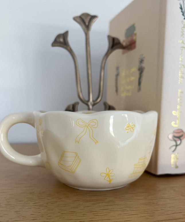 Bows and Books Mug: Yellow/Ivory Flowers