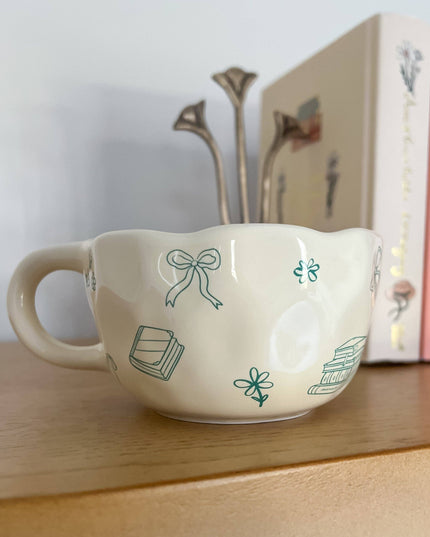 Bows and Books Mug: Green/Ivory Flowers