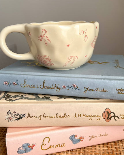 Bows and Books Mug: Blue/Ivory Flowers