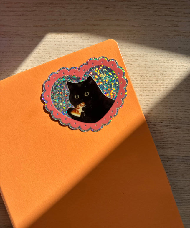 Pizza Cat Glitter Vinyl Klistremerke