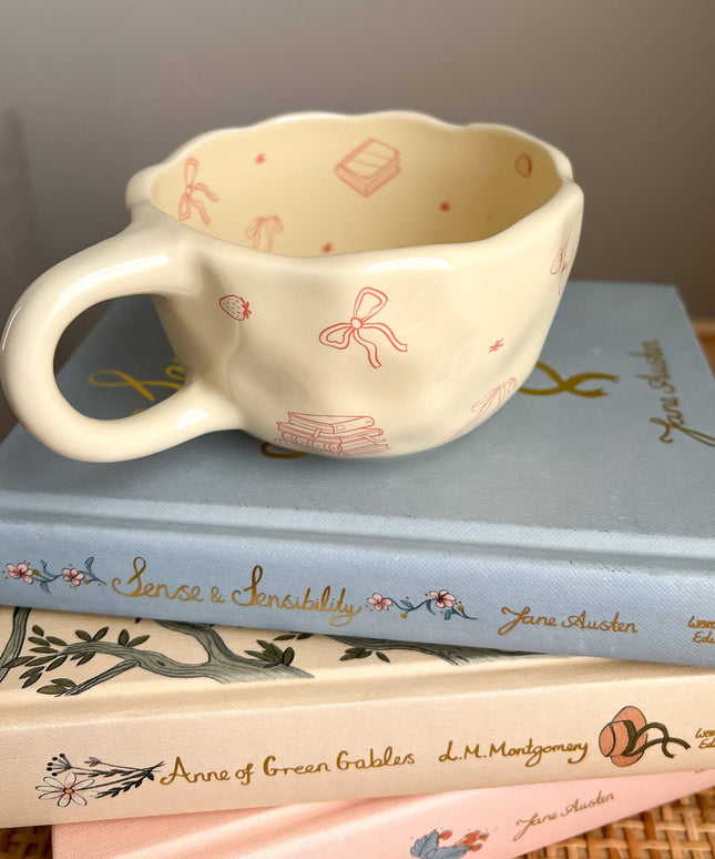 Bows and Books Mug: Blue/Ivory Flowers