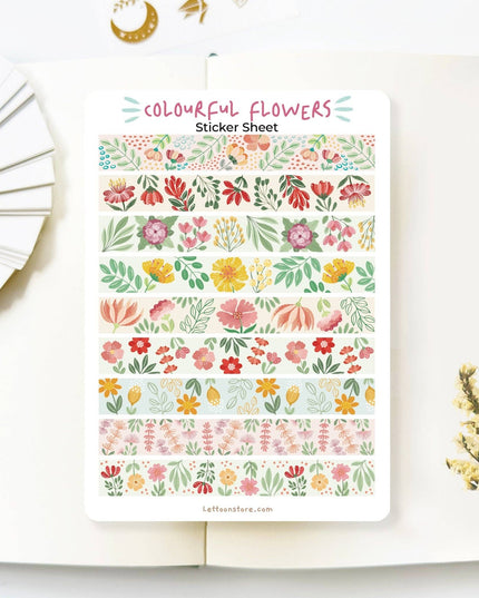Klistremerkeark | Fargerik Blomstrete Washi Tape