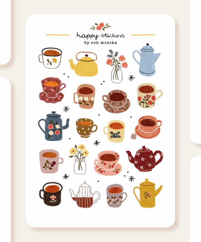 Klistremerkeark | Håndtegnet ~ Little Teacups | A6