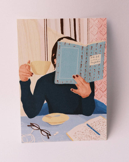 Reading in Cafe Illustrated Postcard