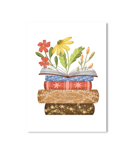 Postkort - Books and flowers