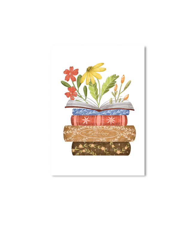 Postkort - Books and flowers