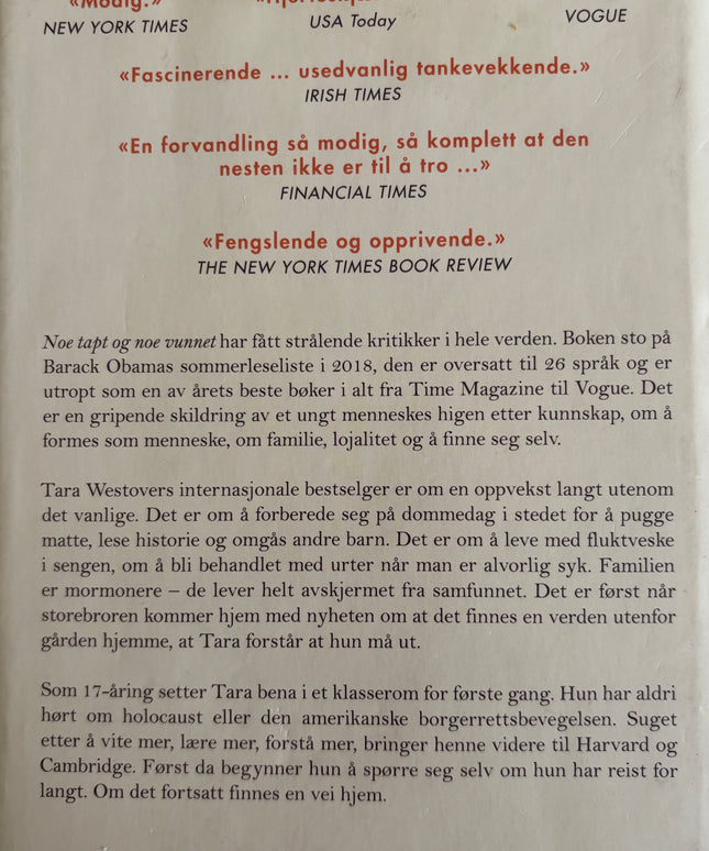 Westover, Tara: Noe tapt og noe vunnet