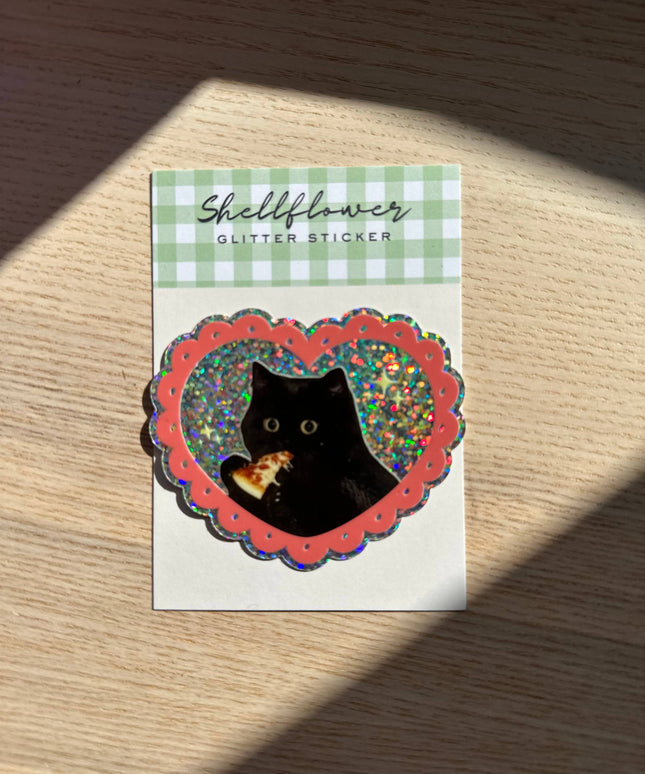 Pizza Cat Glitter Vinyl Klistremerke