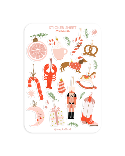 Klistremerkeark | Pink/Red Christmas Ornaments | A6
