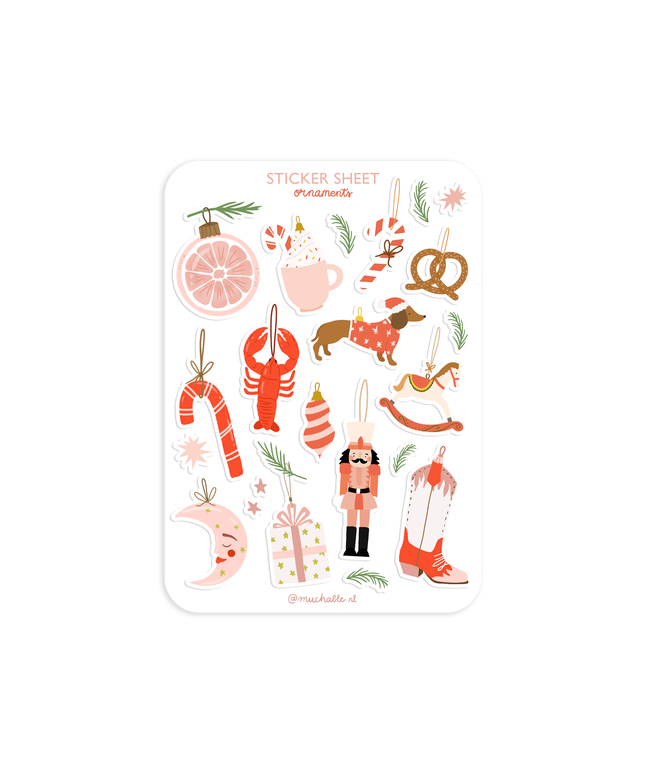 Klistremerkeark | Pink/Red Christmas Ornaments | A6