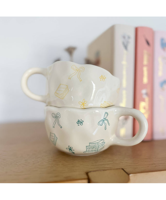 Bows and Books Mug: Blue/Ivory Flowers