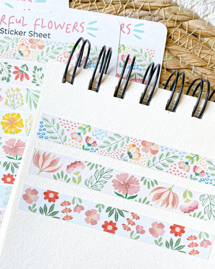 Klistremerkeark | Fargerik Blomstrete Washi Tape