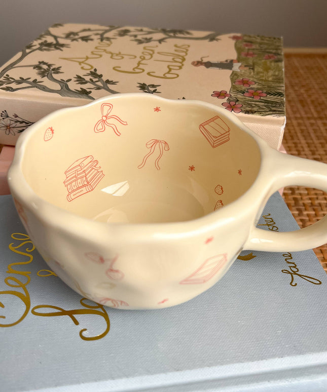 Bows and Books Mug: Blue/Ivory Flowers
